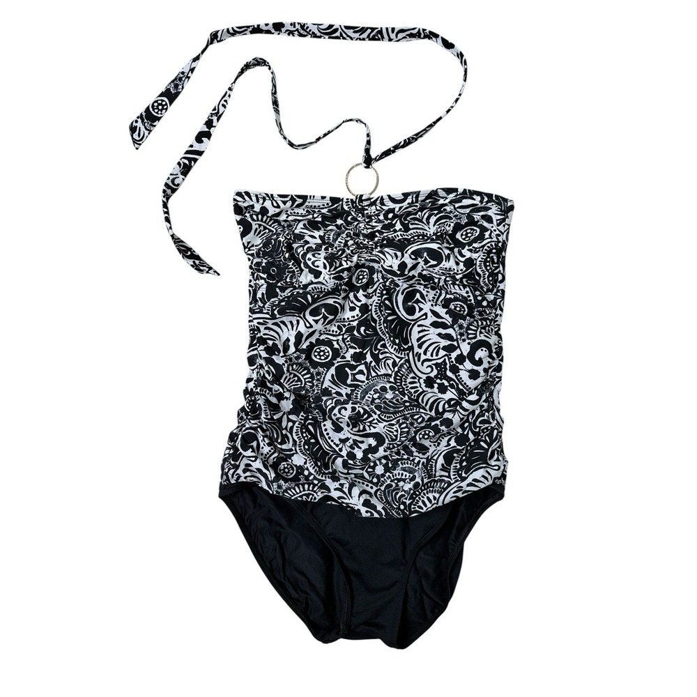 Lauren Ralph Lauren Swimsuit 12 Black White Paisley Printed Halter Gold Ring O